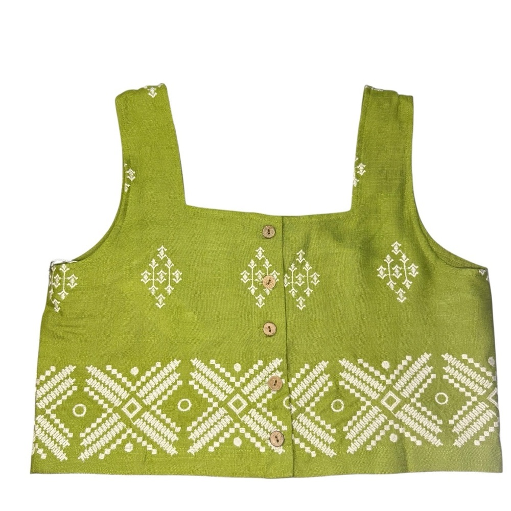 NWT Medium Linen Calypso St. Barth Green Embroidered Crop Tank Resortwear Summer - Picture 2 of 8